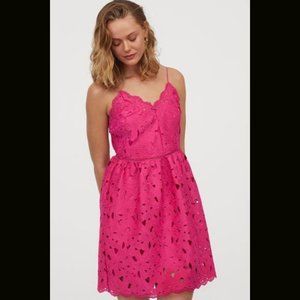 New! H&M Lace V-Neck Dress in Cerise (Hot Pink) Flower Pattern Floral